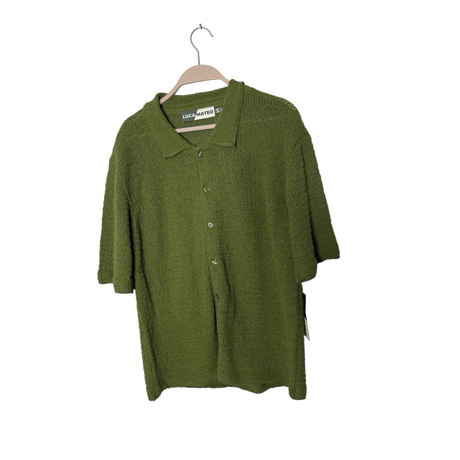 Mens Medium Luca Mateo Open Knit Button Up Olive Green Collared Shirt Sweater